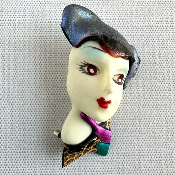 Vintage 1980s Hand-Painted Lady Face Brooch with Metallic Accents - Picture 1 of 9